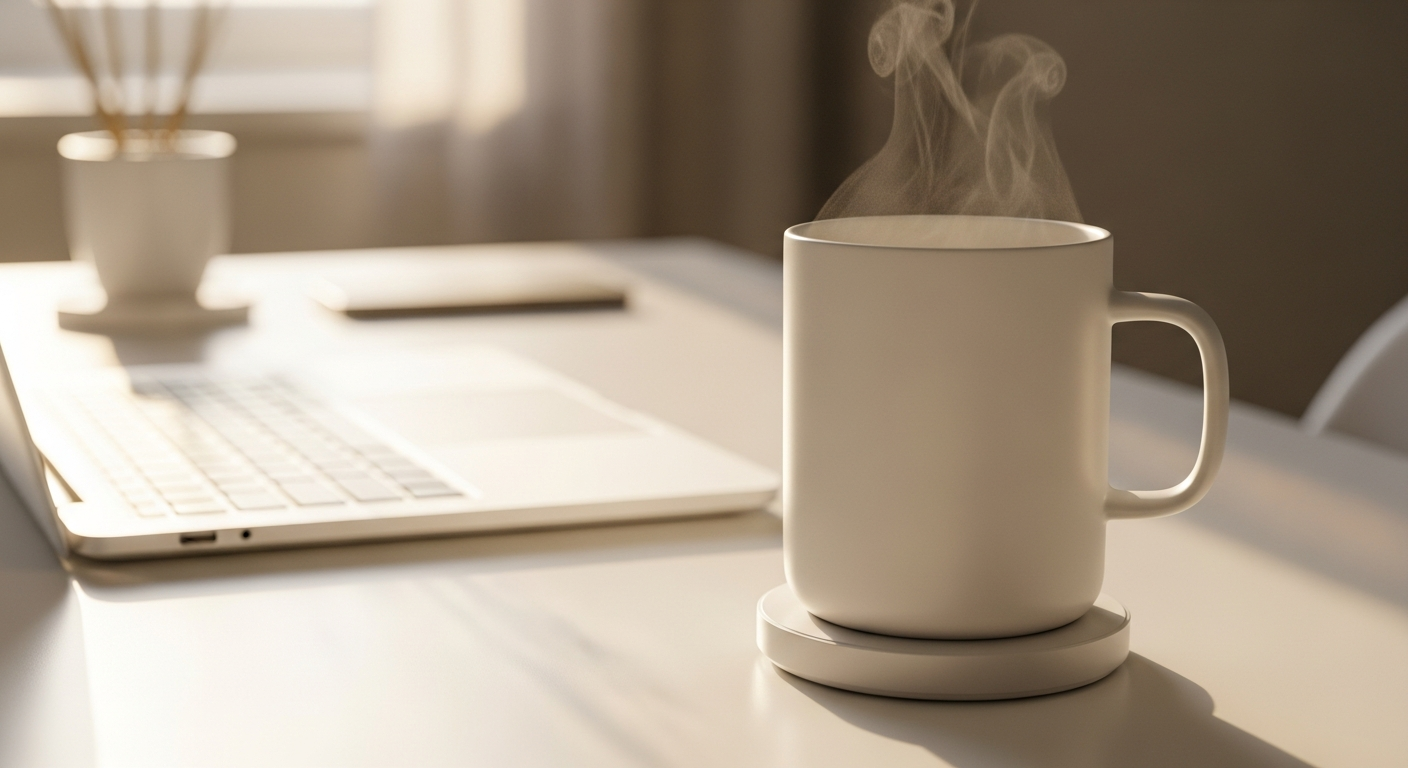 Ember Mug 2 smart temperature-controlled mug on charging coaster on a WFH desk