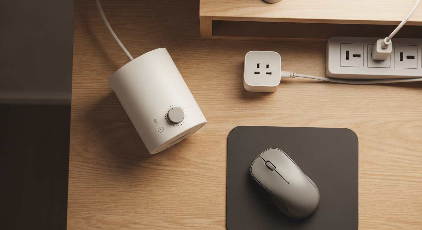 White noise machine, smart plug, and compact travel mouse on a tidy WFH desk, desk accessories for dad under $100