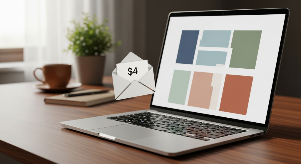 Amazon Haul honest review concept: laptop on a desk with a generic creator-payout email overlay showing a four-dollar bounty