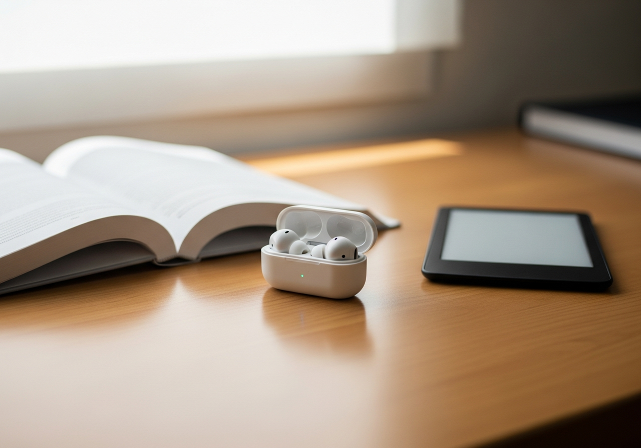 Wireless earbuds on a college dorm desk next to an open textbook and an e-reader