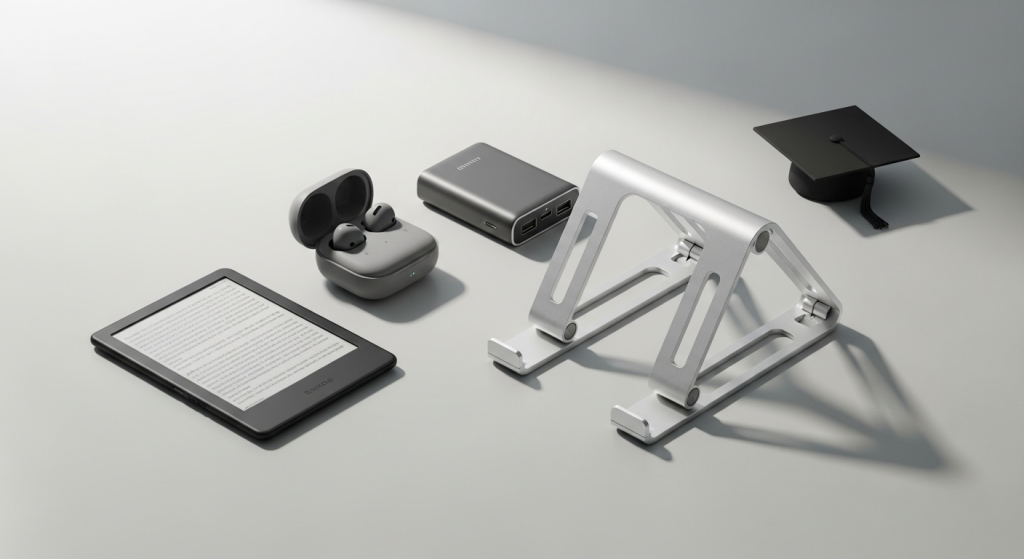 Graduation gifts for tech lovers: earbuds, power bank, Kindle, and laptop stand arranged on a neutral background