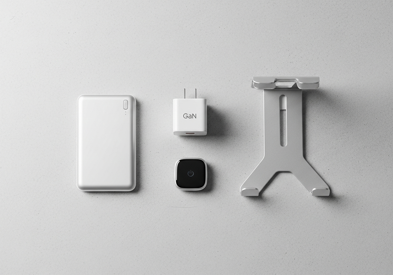 Practical tech graduation gift lineup: power bank, USB-C charger, Bluetooth tracker, and laptop stand