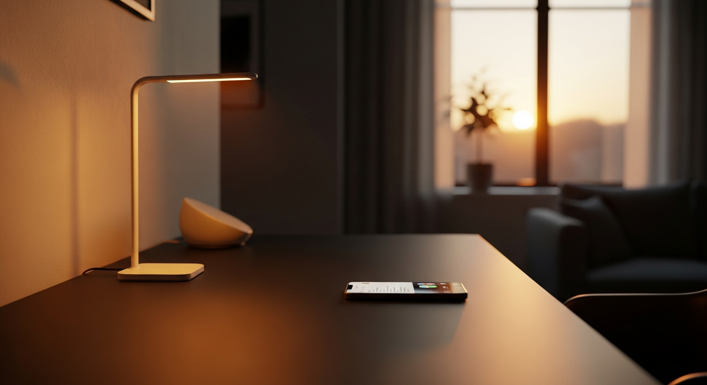 Smart home automation scene with a lamp turning on automatically at sunrise controlled by Home Assistant
