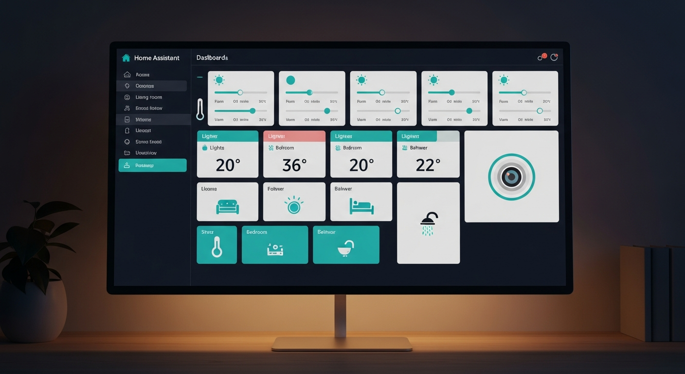Home Assistant dashboard on desktop monitor showing smart home control cards for lighting, thermostat, and device status
