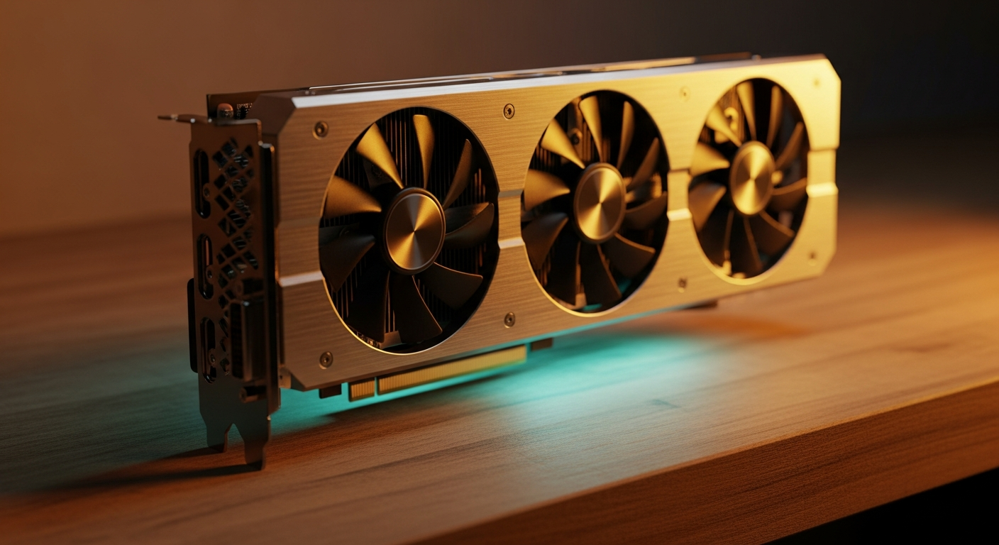 Close-up of a generic triple-fan consumer graphics card on a wooden workbench, illustrating the best local LLM for single 3090 setup spotlight