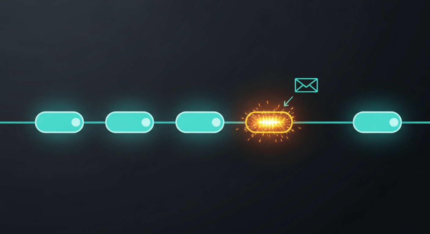 Claude Code pipeline failure mode diagram showing an alert node with email notification fallback in a seven-agent workflow