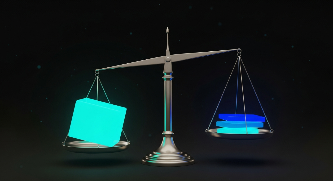 A balance scale weighing a glowing hardware block against a small stack of subscription cards, illustrating the consumer total cost of ownership comparison for running a local LLM