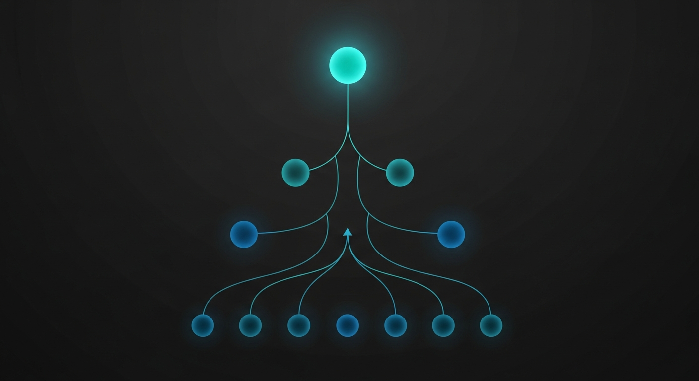 A stylized branching decision tree flowing top to bottom with one root node splitting into multiple endpoint nodes, illustrating a first-pick decision tree for choosing a local LLM