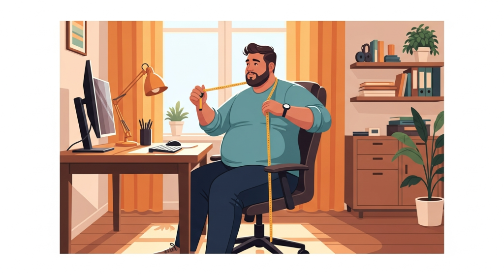 Big guy doing a wfh ergonomics checklist audit at his home office desk, checking chair height and monitor distance