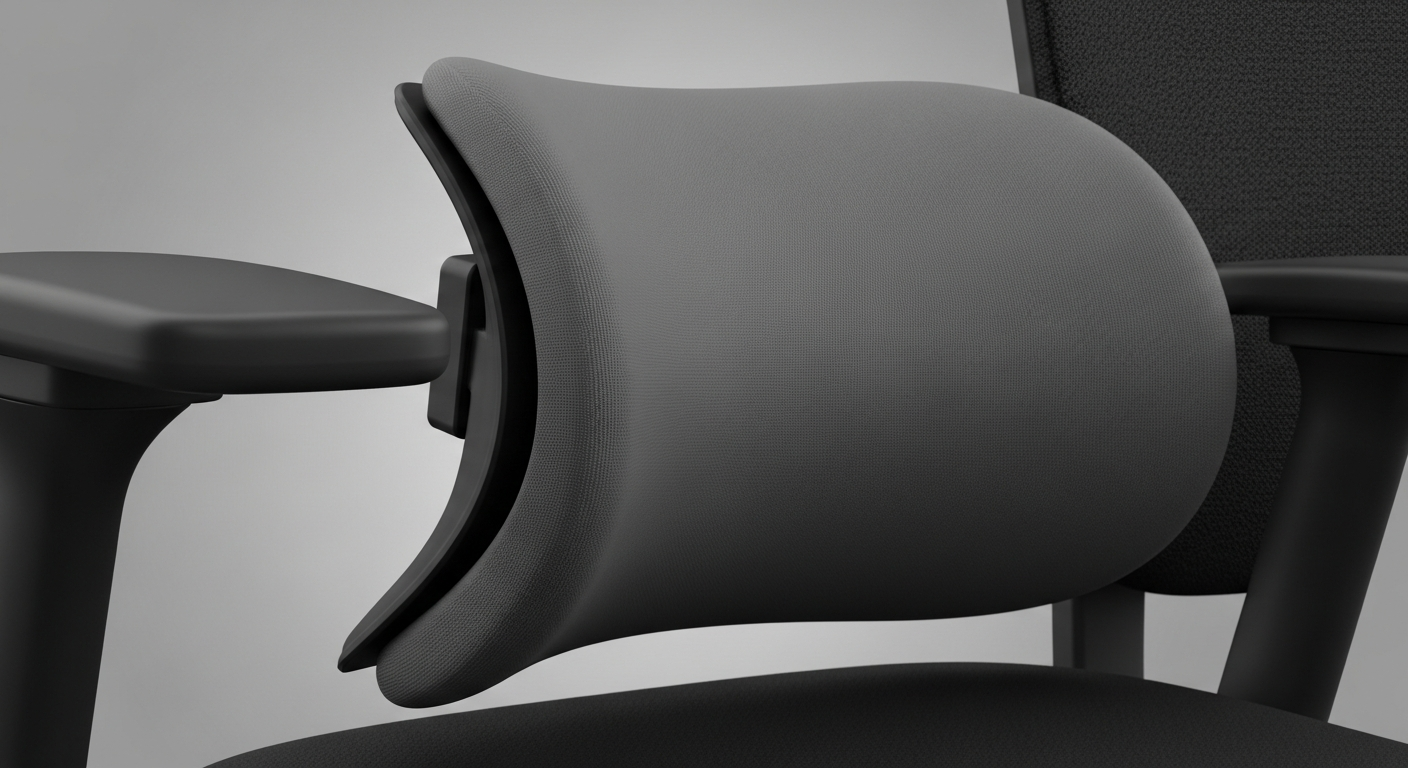 Close-up of office chair lumbar support positioned at correct lower back height for ergonomic support
