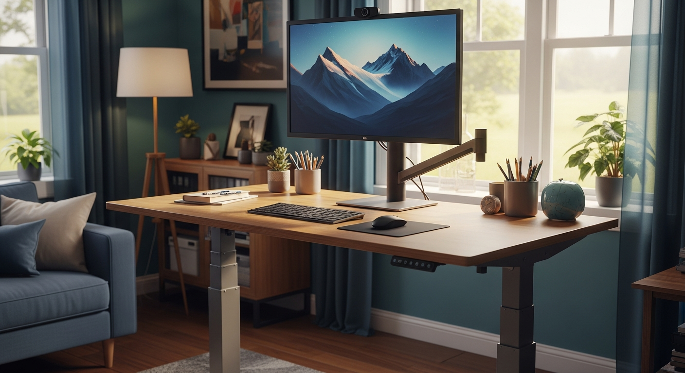 Standing desk raised to ergonomic height for a tall person, monitor at eye level in a home office setup