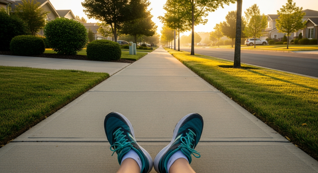 Wide cushioned walking shoes on a quiet suburban sidewalk at dawn, representing a walking habit big guy perspective on 2 miles a day