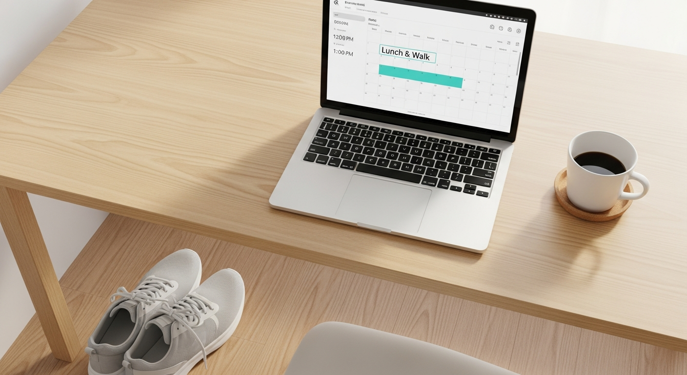 Home office desk with walking shoes placed beside it and a calendar showing a blocked lunch walk slot, illustrating WFH walking habit