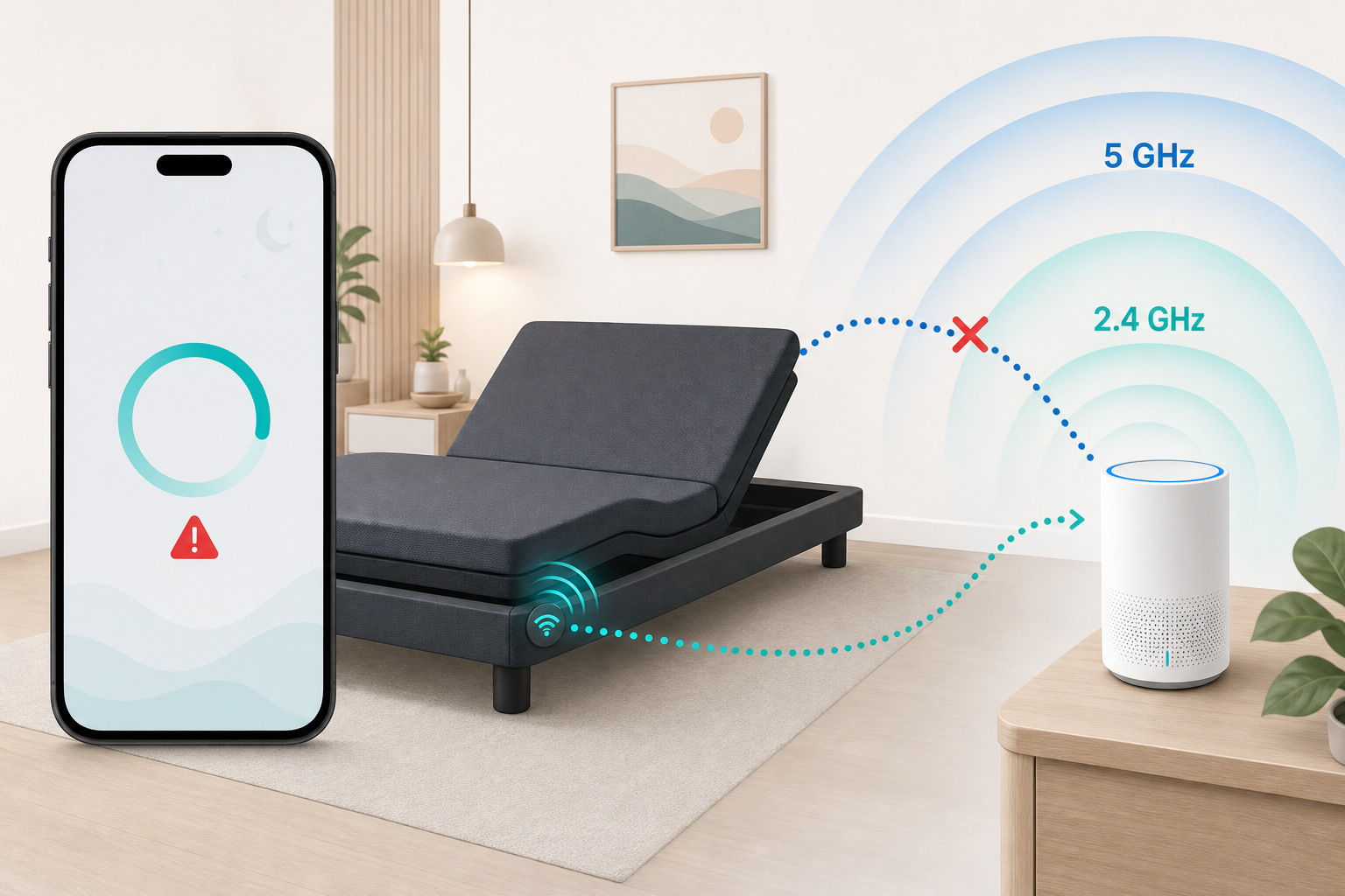 Sleep Number SleepIQ app stuck on the connecting screen while a mesh Wi-Fi router band steers the 2.4 GHz-only smart bed base toward 5 GHz, illustrating the band steering fix