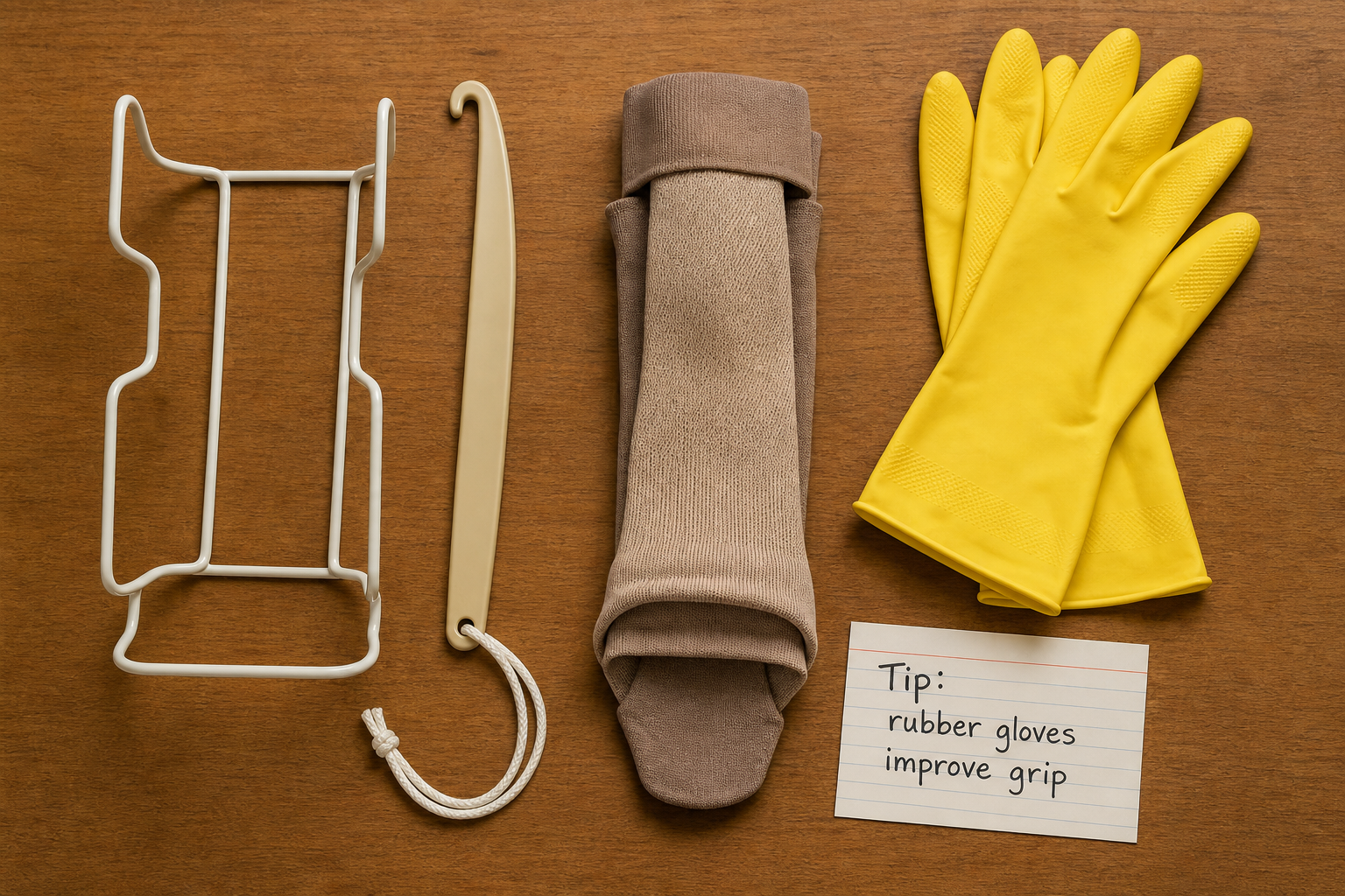 Compression sock donning tip showing rubber gloves for better grip when putting on compression socks