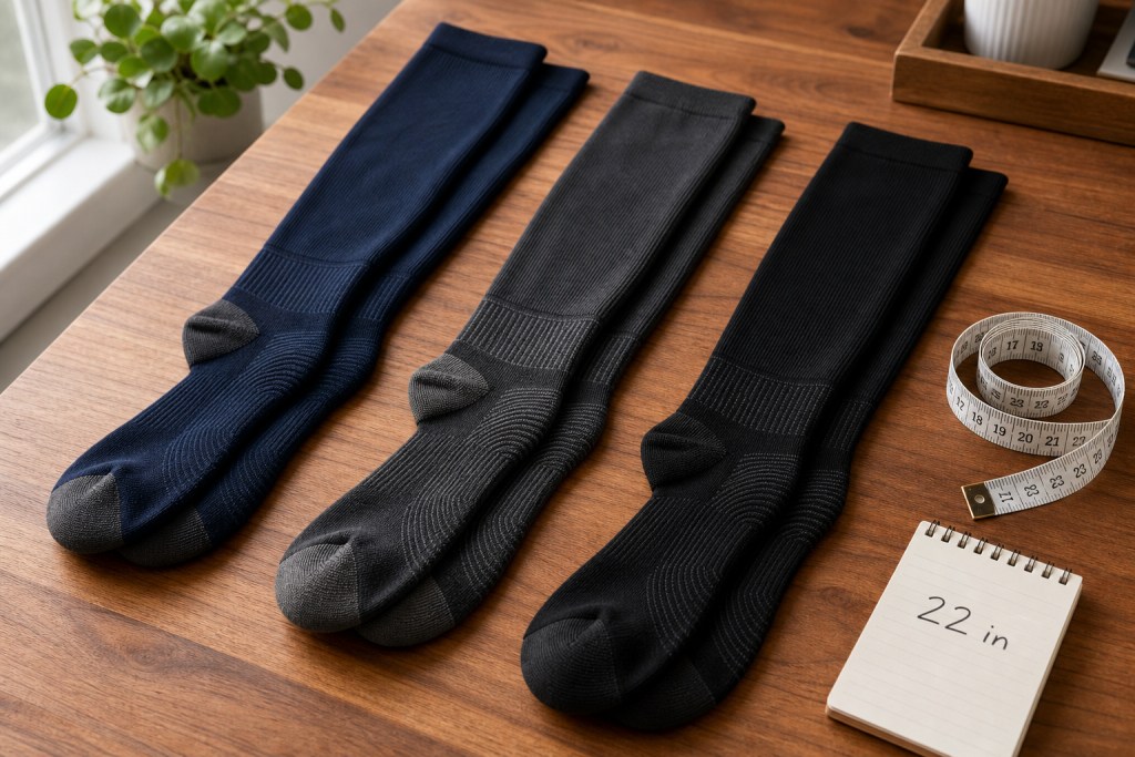 Compression socks for big guys laid flat next to a measuring tape showing calf circumference