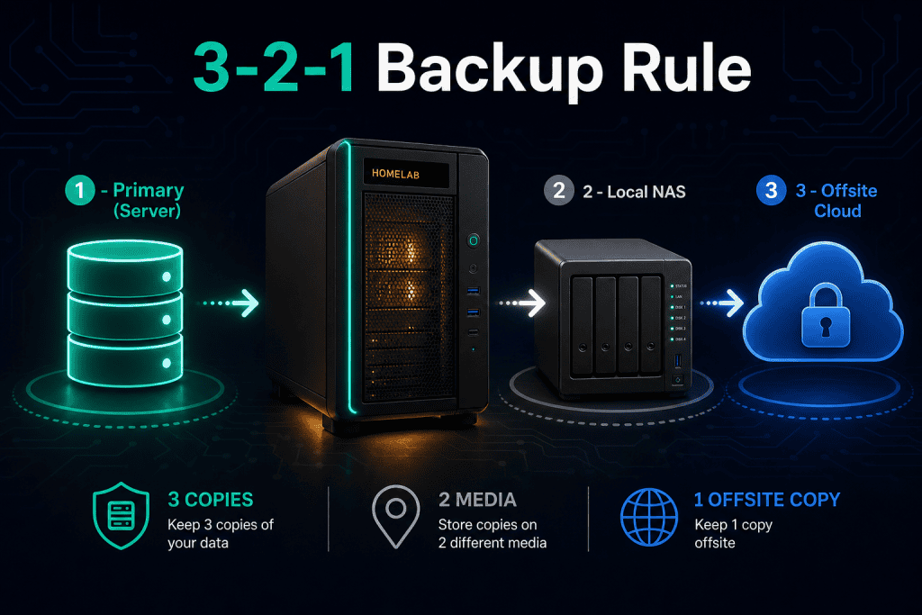 Diagram illustrating a self-hosted backup strategy using the 3-2-1 rule: a homelab server connected to a local NAS and a remote cloud offsite copy