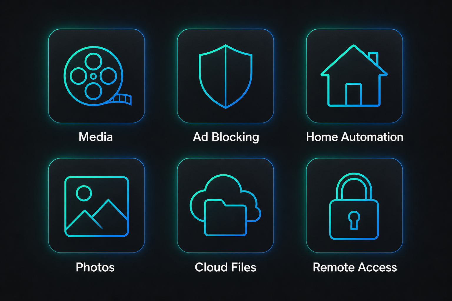 A grid of self-hosted services running on a Linux home server: media streaming, ad blocking, home automation, photo backup, cloud files, and remote access