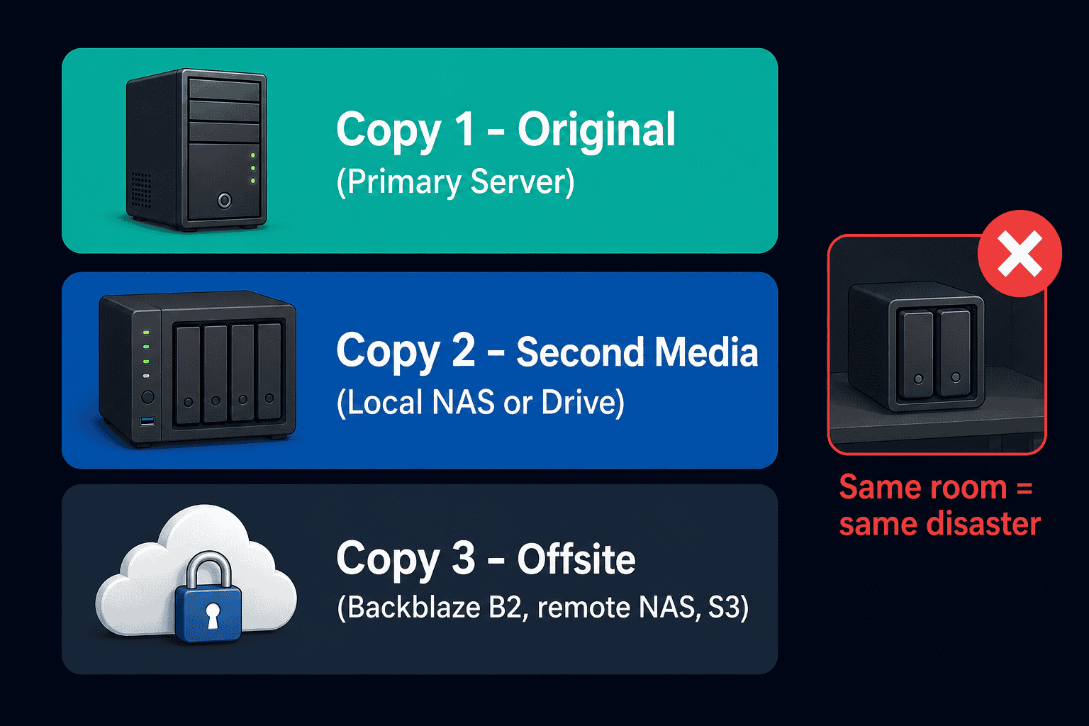 3-2-1 backup layers diagram: three stacked tiers showing Original data on the server, a second copy on different local media, and one offsite copy in the cloud