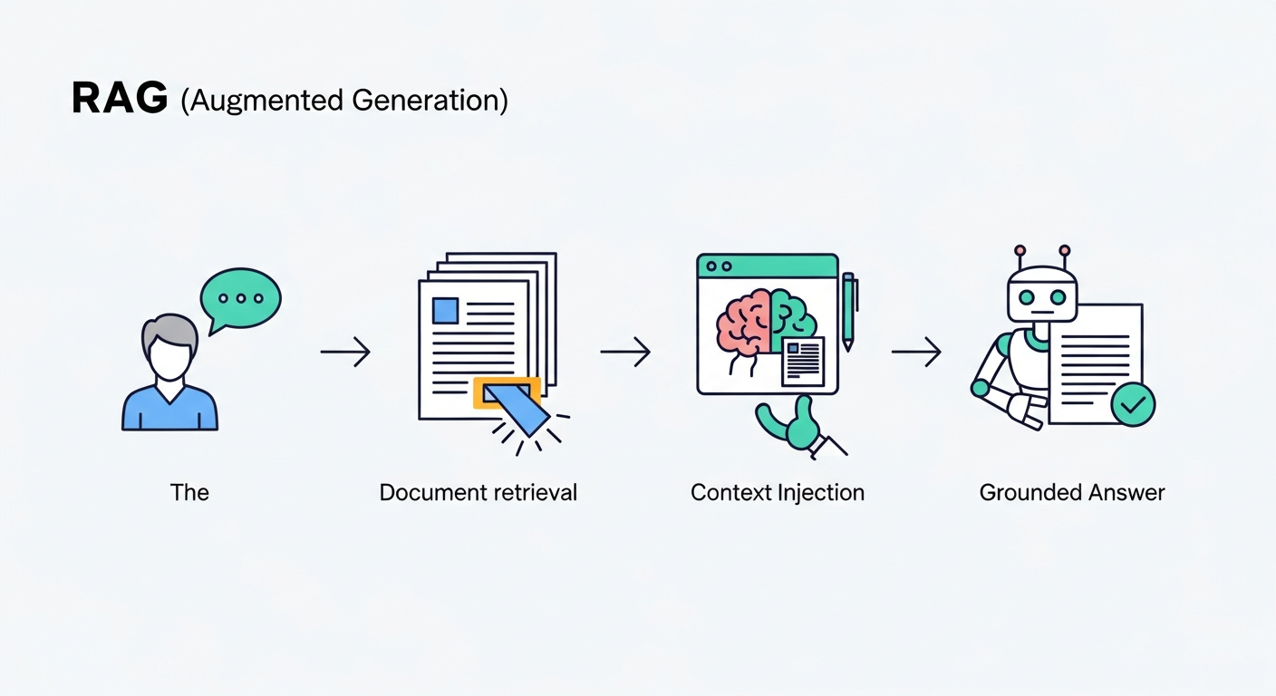 Flow diagram showing the RAG retrieval augmented generation process: user question on the left, document chunks retrieved in the middle, context injected into the model, and a grounded answer produced on the right
