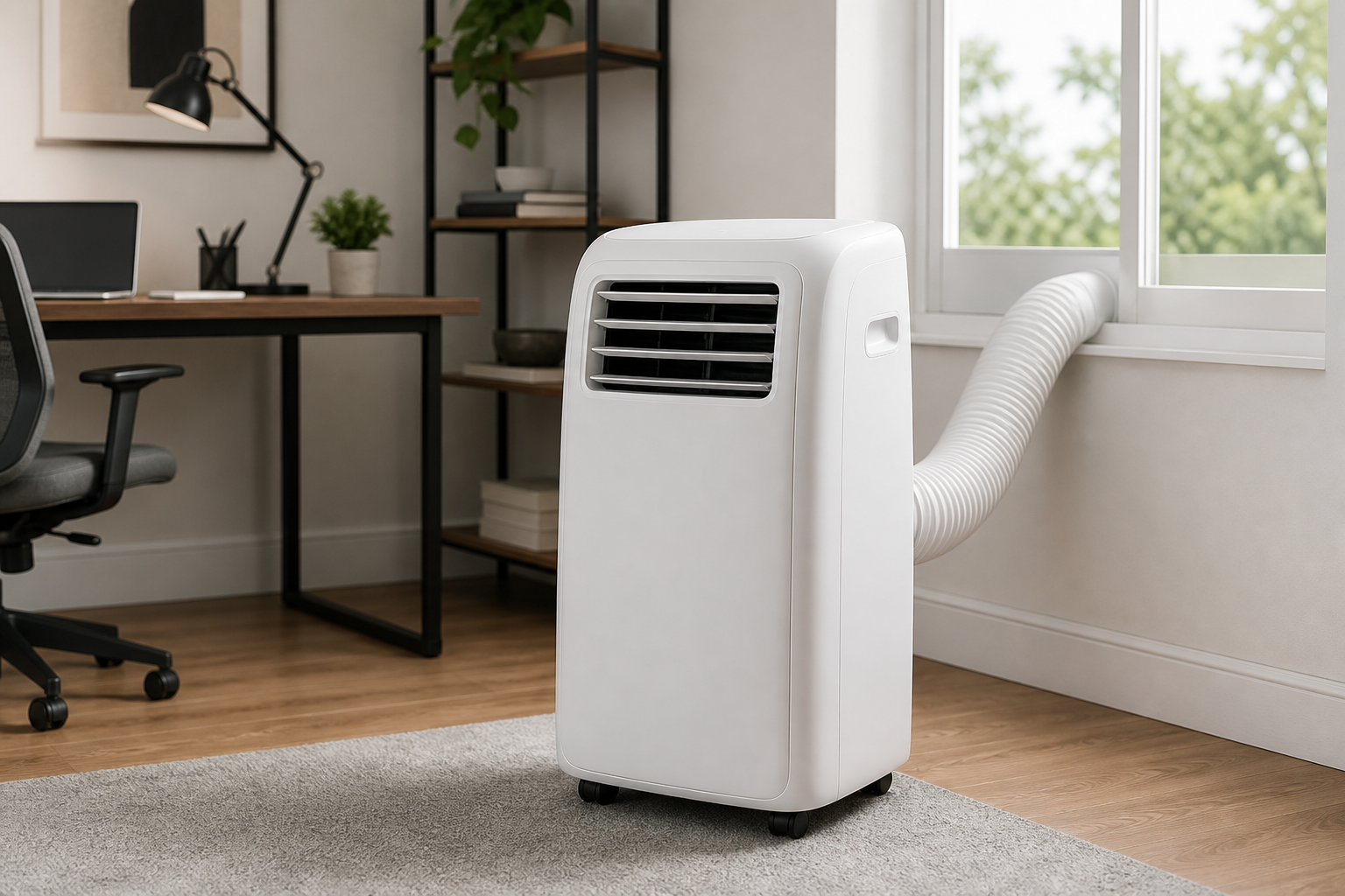 LG LP1021BSSM single-hose portable air conditioner in a home office