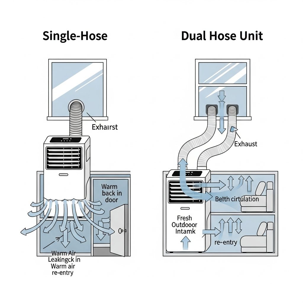 Diagram comparing single-hose portable AC warm air bleed-back versus dual-hose sealed airflow