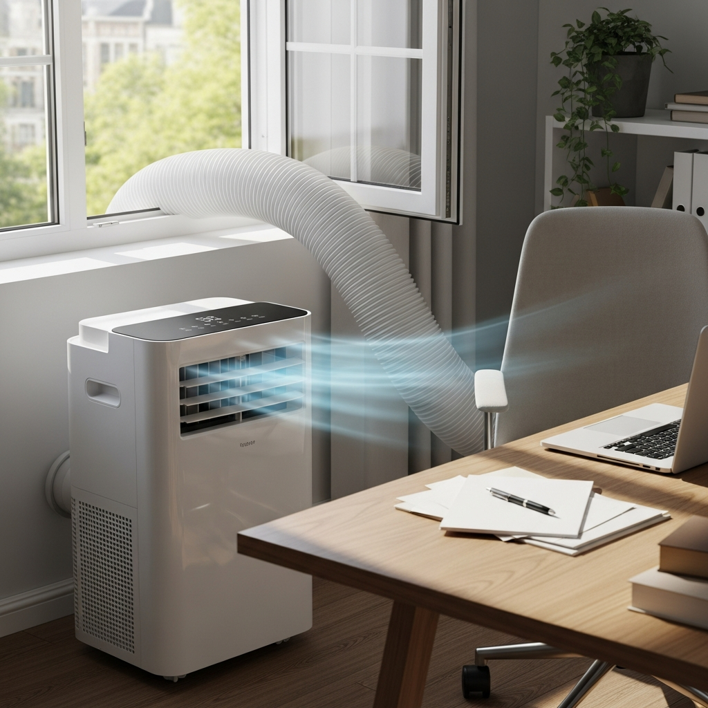 Portable air conditioner unit in a home office next to a window with exhaust hose