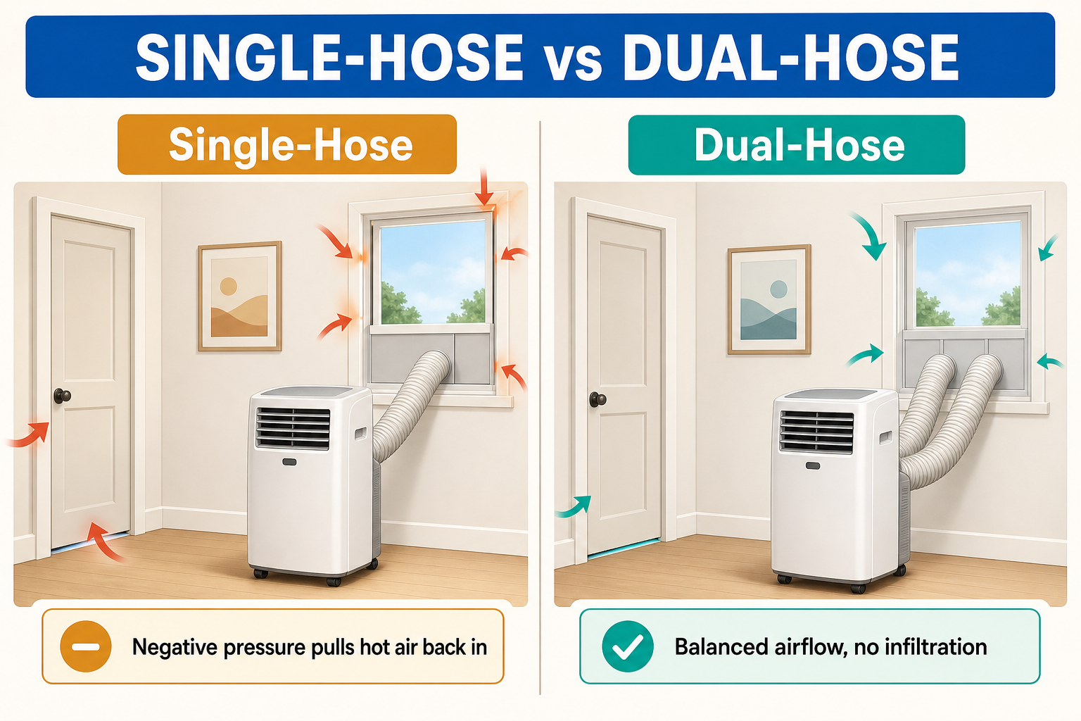 Diagram comparing single-hose portable AC warm air bleed-back versus dual-hose sealed airflow