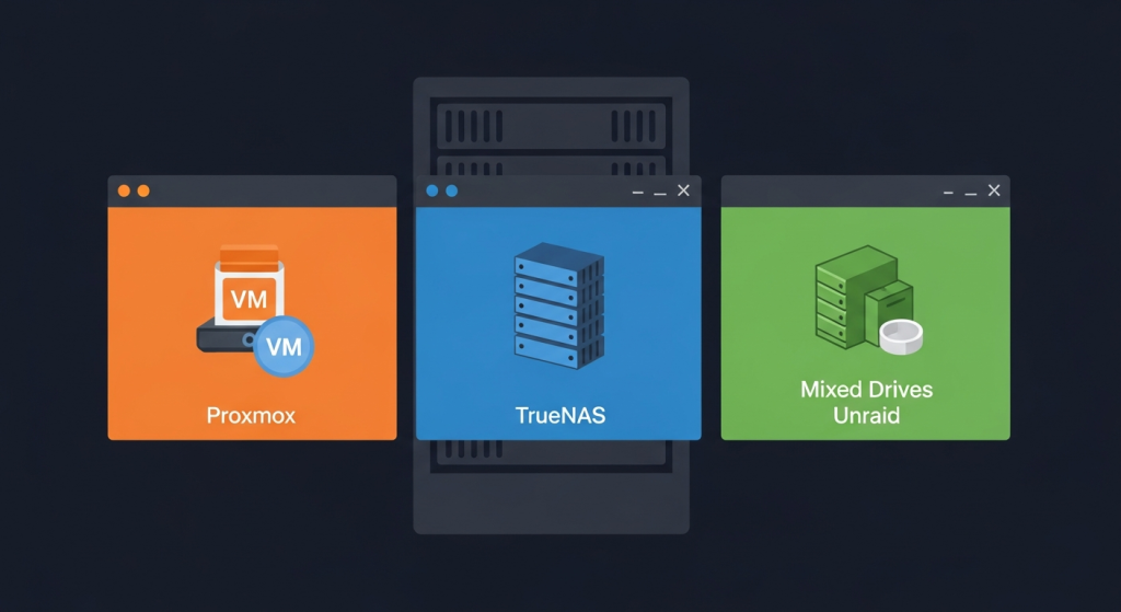 Side-by-side comparison illustration of Proxmox, TrueNAS, and Unraid home server operating systems