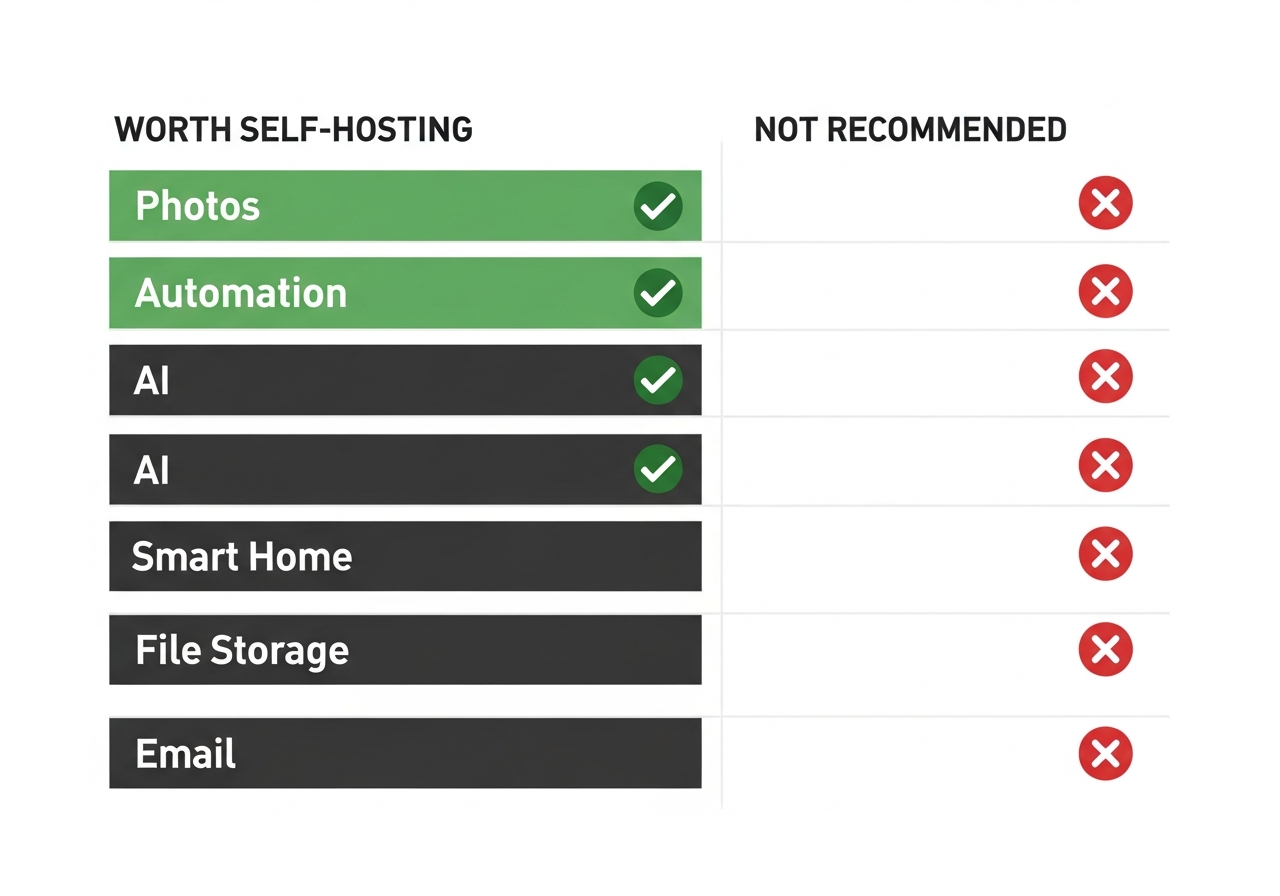 Infographic comparing six self-hosting categories with verdict indicators: photos, automation, AI, smart home, file storage, and email