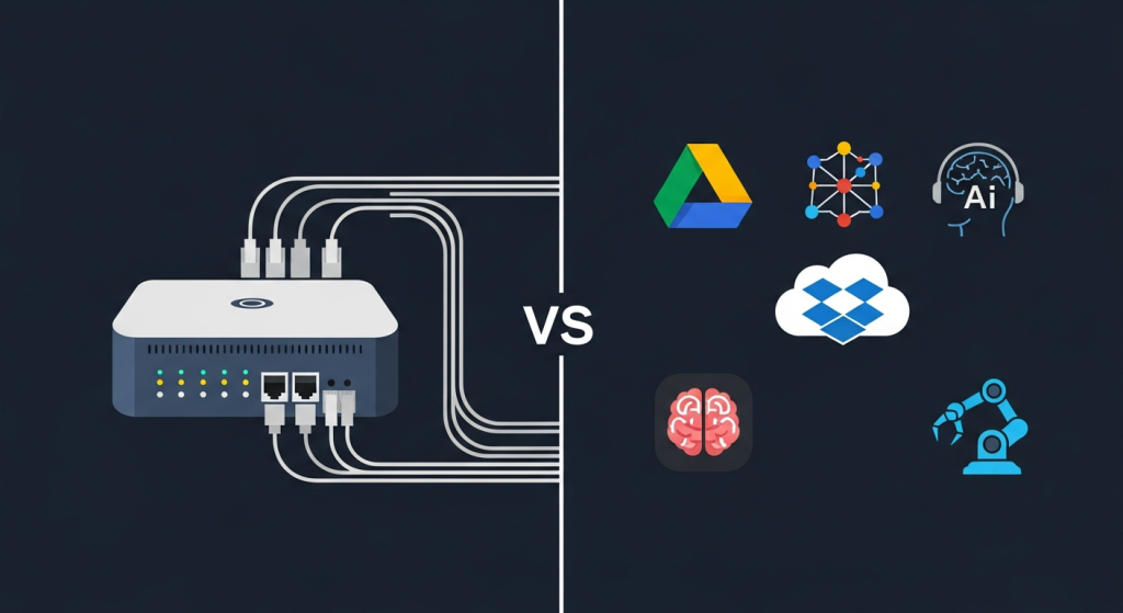 Split illustration showing home server hardware on the left versus cloud service logos on the right, representing the self-hosting vs managed services decision
