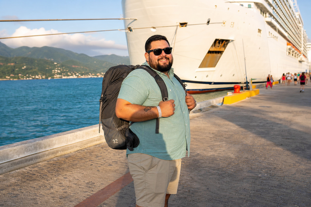cruise tips for big guys, a plus-size man with backpack at cruise port