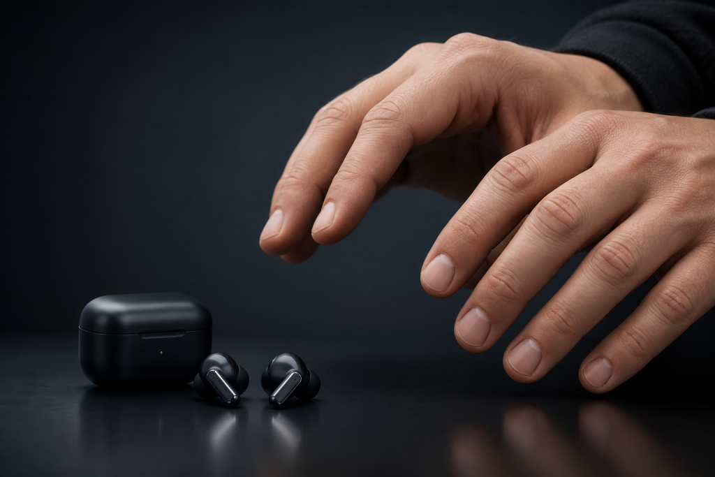 Wireless earbuds for big guys next to large hands showing size contrast on dark background