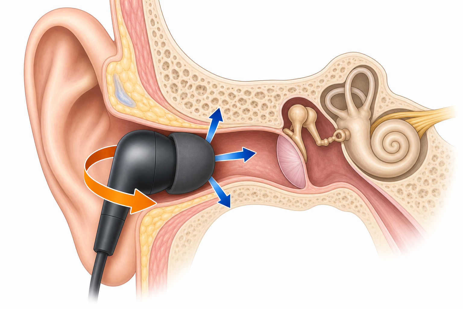 Diagram showing cross-section of ear canal with earbud tip and arrows indicating torque forces that push earbuds out