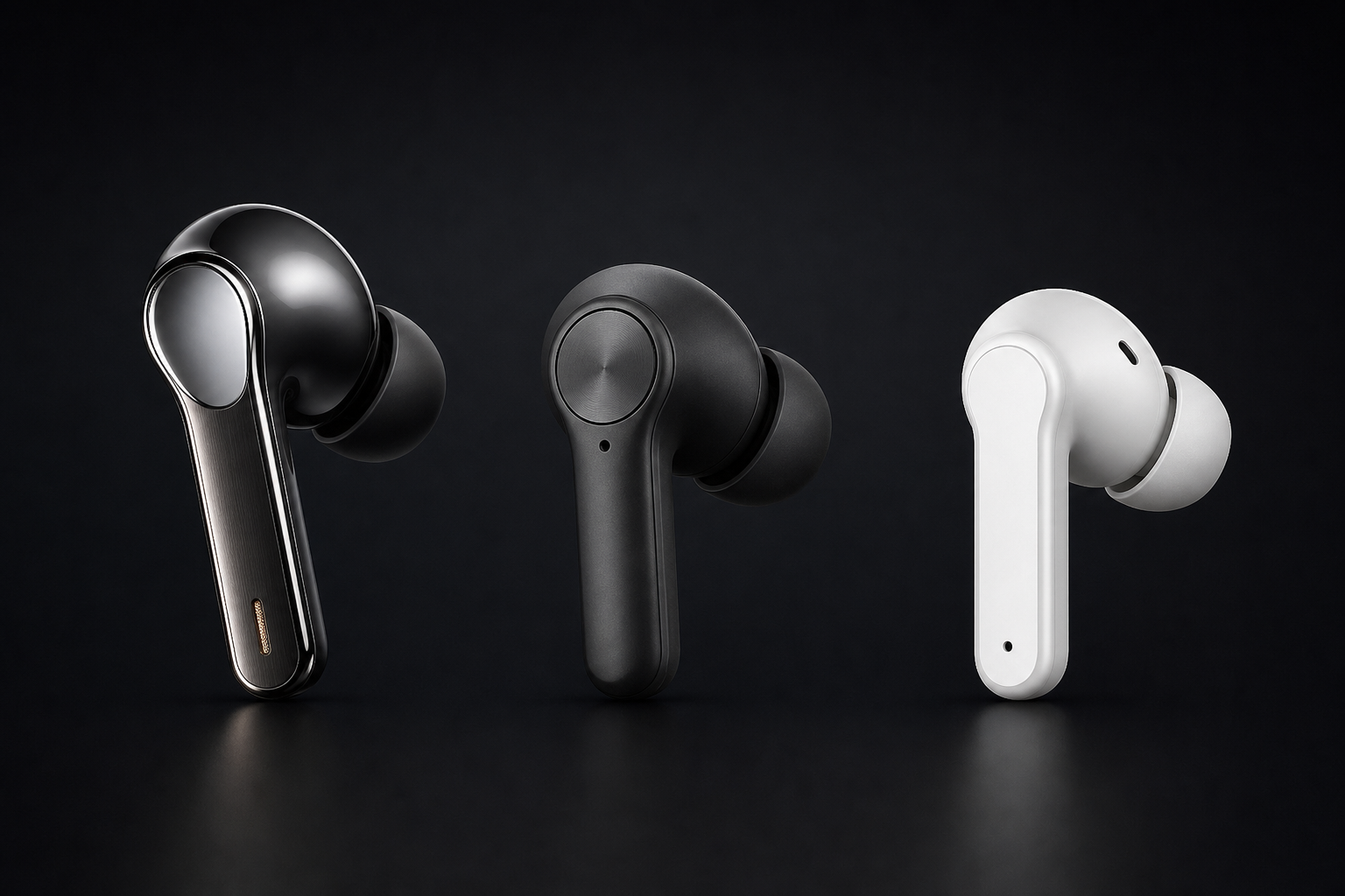 Three wireless earbuds shown side by side in a product comparison for big guys looking for the best fit